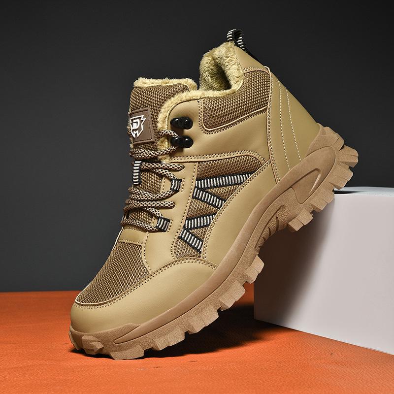 

Winter cotton shoes outdoor men s high-top leather surface waterproof and velvet warm snow boots thick-soled non-slip mountaineering shoes men 46 хаки
