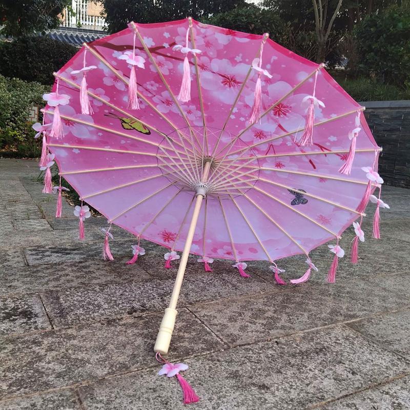 1PC Umbrella 70/82CM Oil Paper for Women Girl Performance Photo Props Antique Umbrella Parasol Satin Cloth Tassel