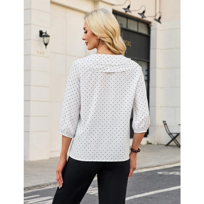 Womens Ruffled V Neck Three Quarter Sleeve Polka Dot Chiffon Blouse