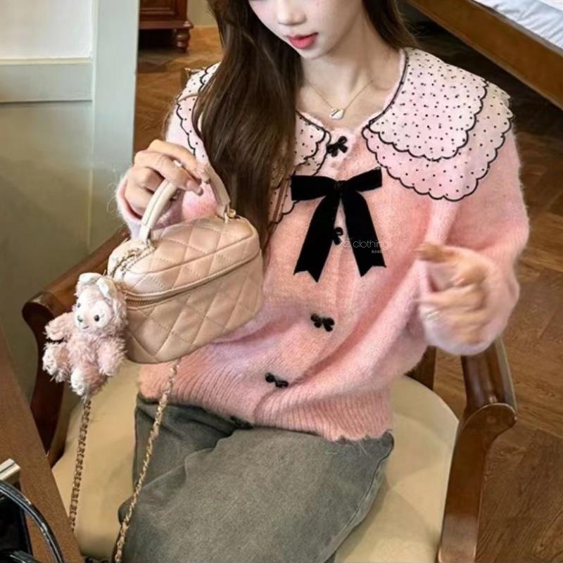 Autumn and winter knitted sweater lace stitching sweet bow sweater women's top