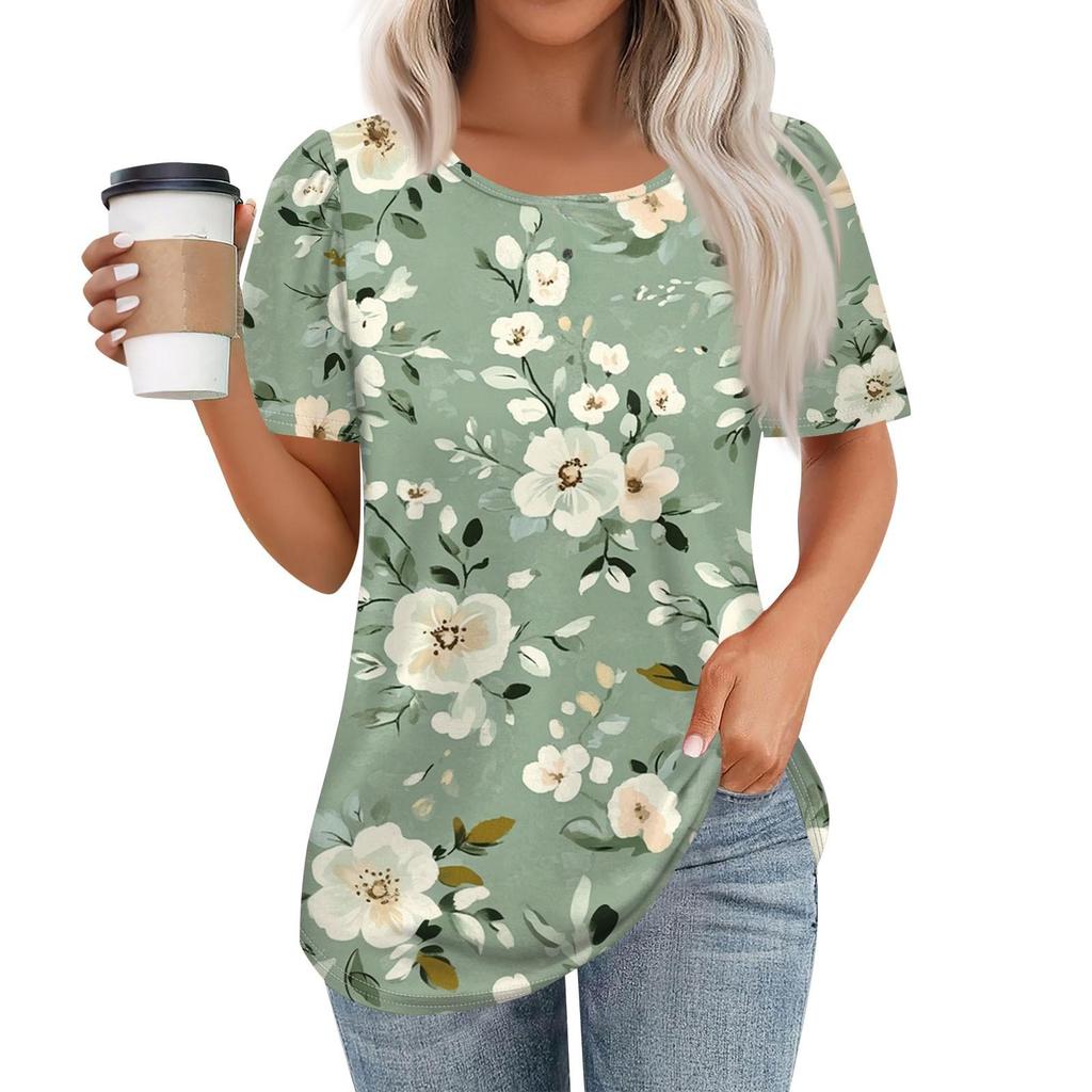 Women's Casual Short Sleeve Button Floral 3D Print Round Neck Top T-Shirt