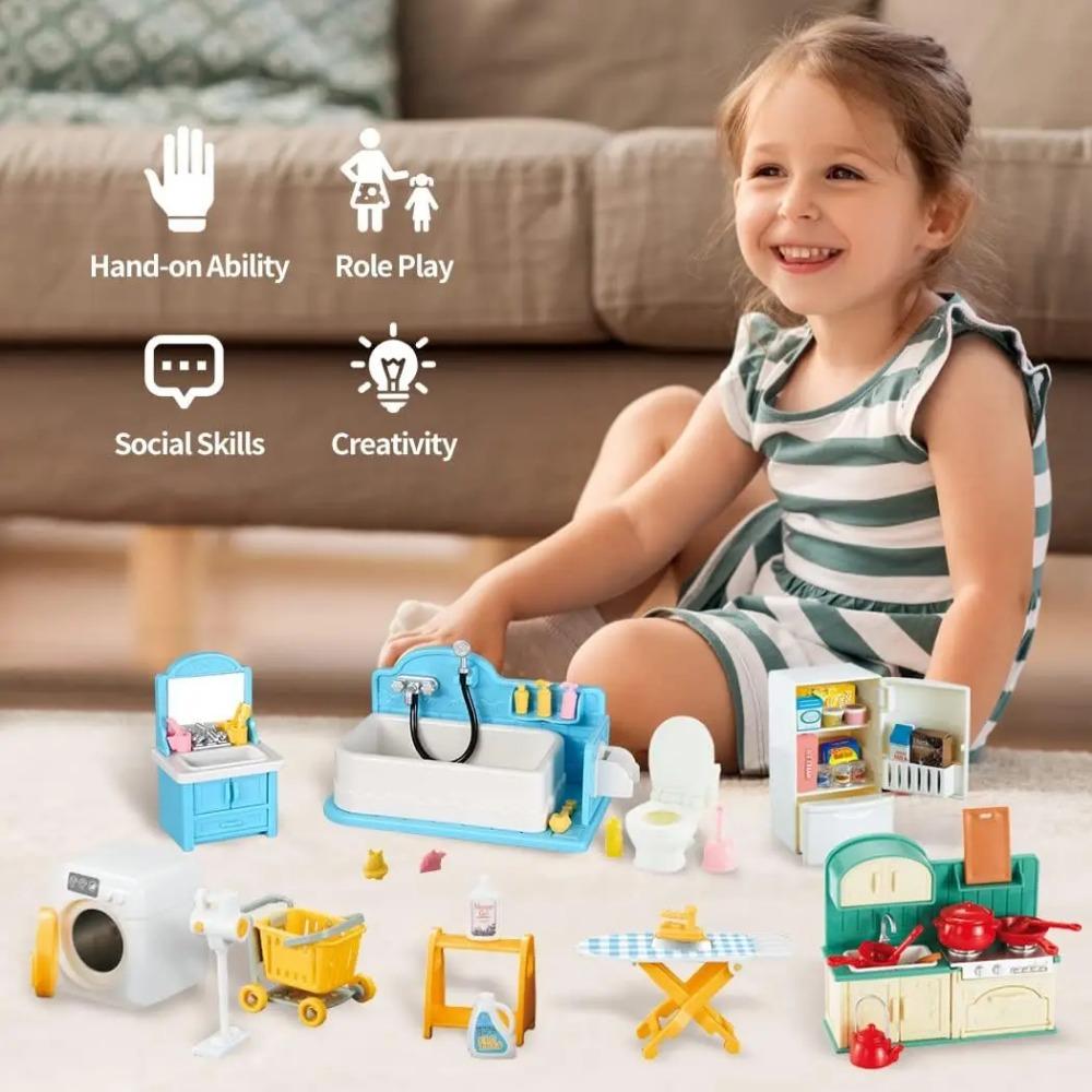 Dollhouse Furniture Set Doll house Bathroom/Kitchen/Fridge/Washing Machine Laundry Kids Doll House Miniature Pretend Play Toys