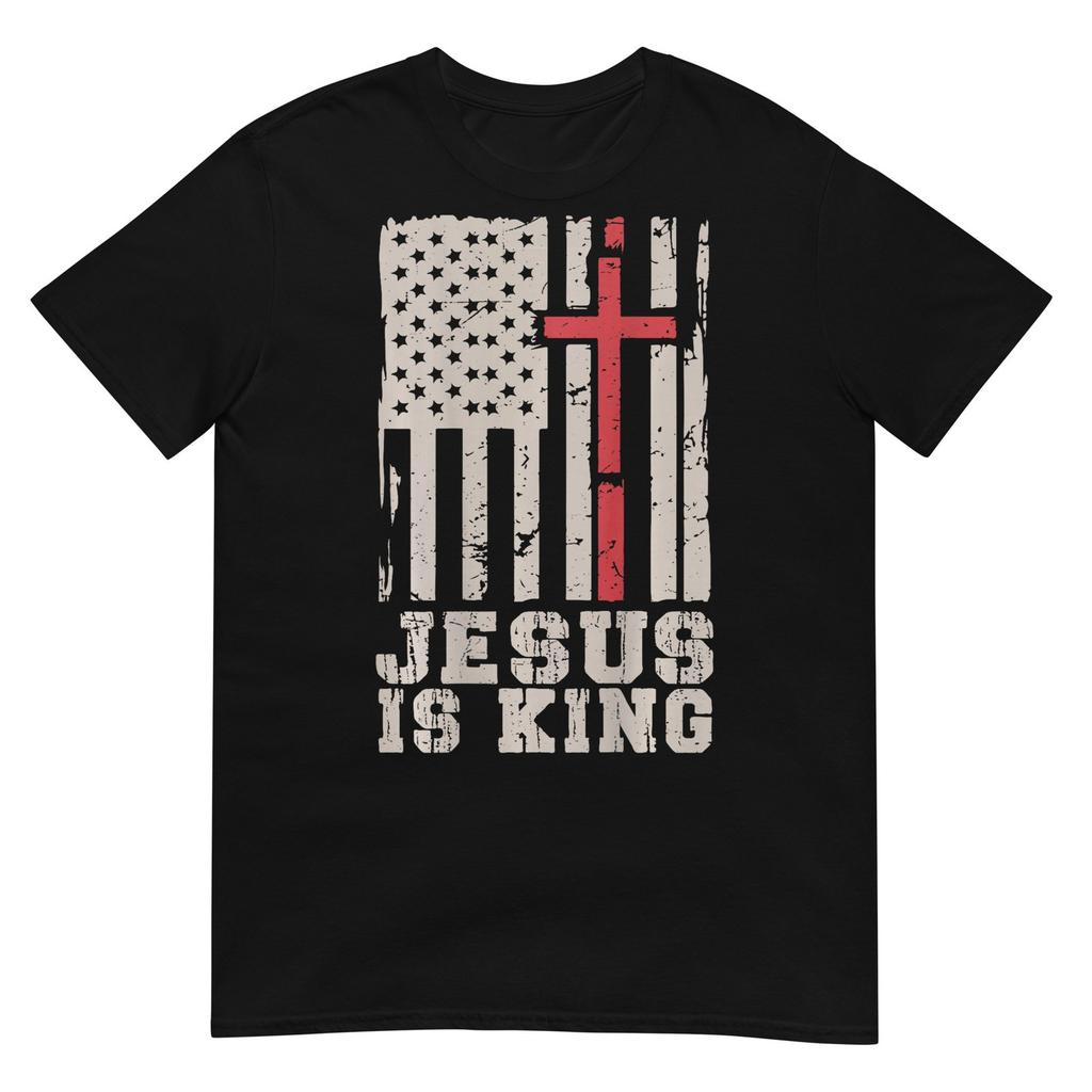 Casual Graphic Tee Unisex Jesus is King Men's American Flag Patriotic Christian Faith T-Shirt
