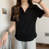Women's White Ribbed Polo Shirt Short-Sleeve Slim-Fit Casual V-Neck Daily Top