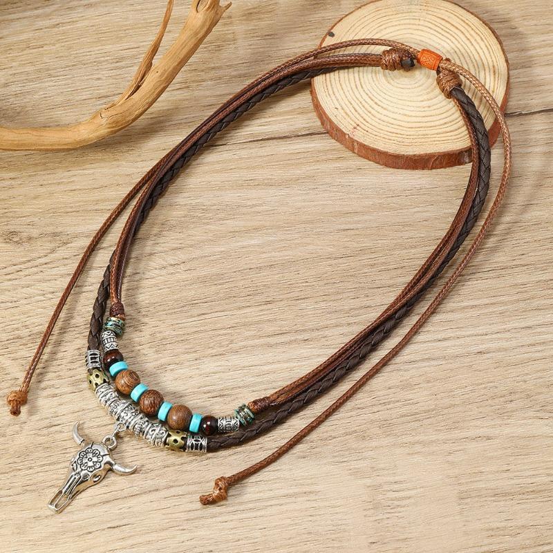 Literary Retro Butterfly Alloy Multi-layer Wooden Beads Knotted and Pullable Hand-woven Necklaces, Jewelry