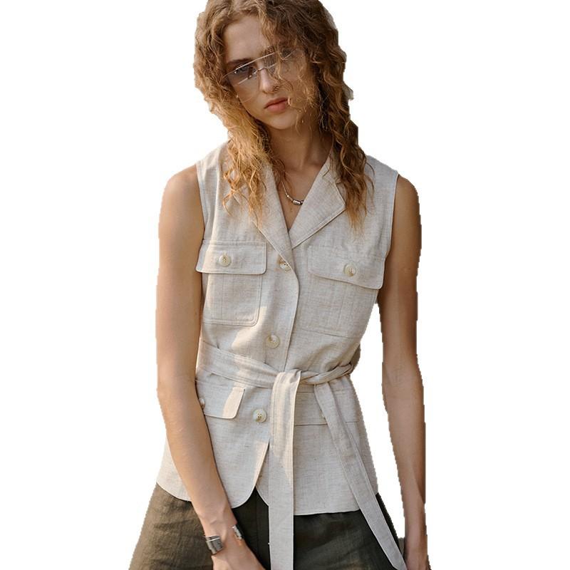 High-end Tencel Linen Cotton Vest Commuter Workplace Capable Sleeveless Waist Top Women's Summer V-neck Lapel Linen Vest