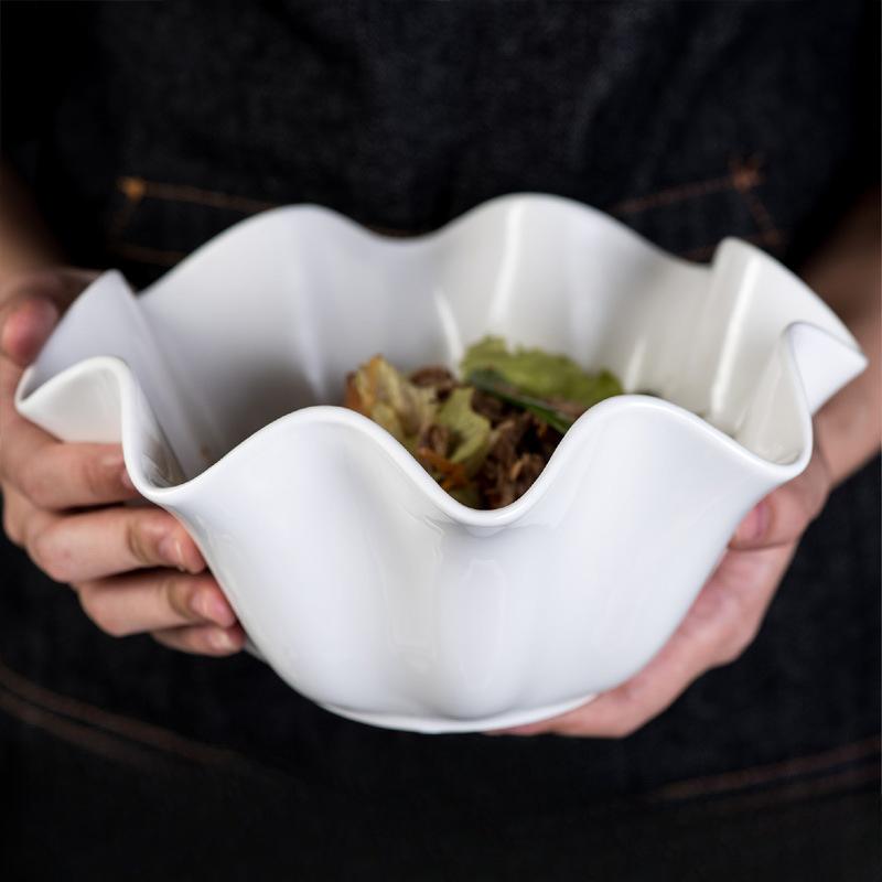 Creative Pure White Ceramic Bowl with Rolled Edges Sauce Dish Dessert Fruit and Vegetable Salad Bowl Tableware Decoration Bowl