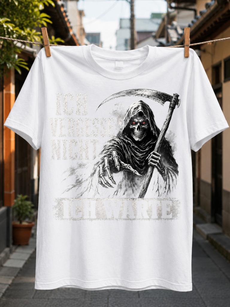 I Never Forget I Wait Hooded Grim Reaper With Red Eyes Reaching Hand And Scythe Monochrome Unisex All Tshirt