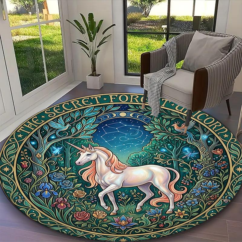 1pc Enchanted Forest Pink Mane Unicorn Printed Chair Rug for Home Office Use, Living Room Kitchen Game Room Round Carpet