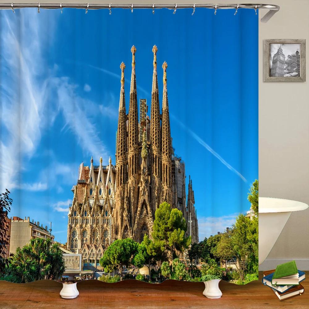 Beautiful Natural Scenery City Town Shower Curtains Bathroom Waterproof Polyester Fabric Bath Curtain Landscape Decor Curtains