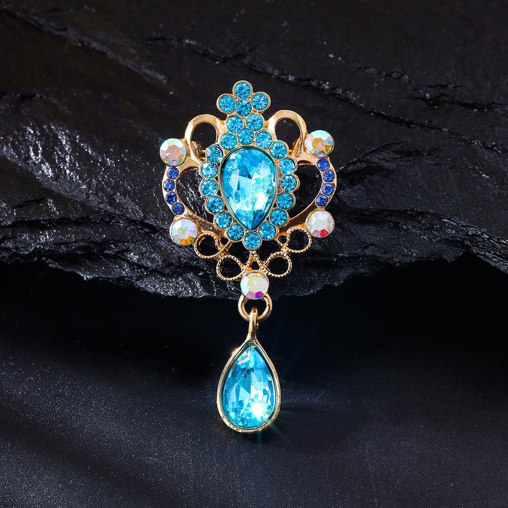 High-end Light Luxury Palace Style Card Glass Rhinestone Water Drop Pendant Brooch Simple and Versatile Clothing Jewelry Pin Female
