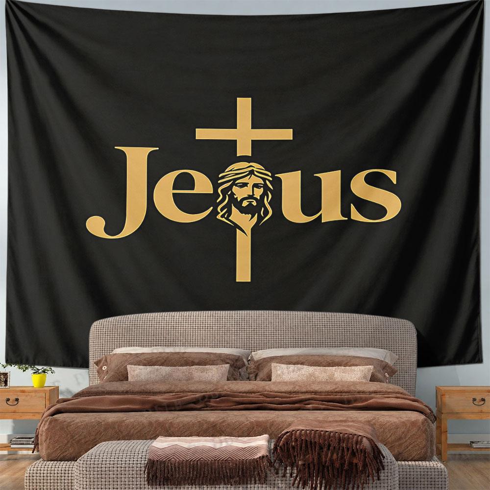 Jesus Gold Cross Tapestry Wall Hanging Religious Faith Decor for Bedroom Living Room Prayer Room Blessed Gift