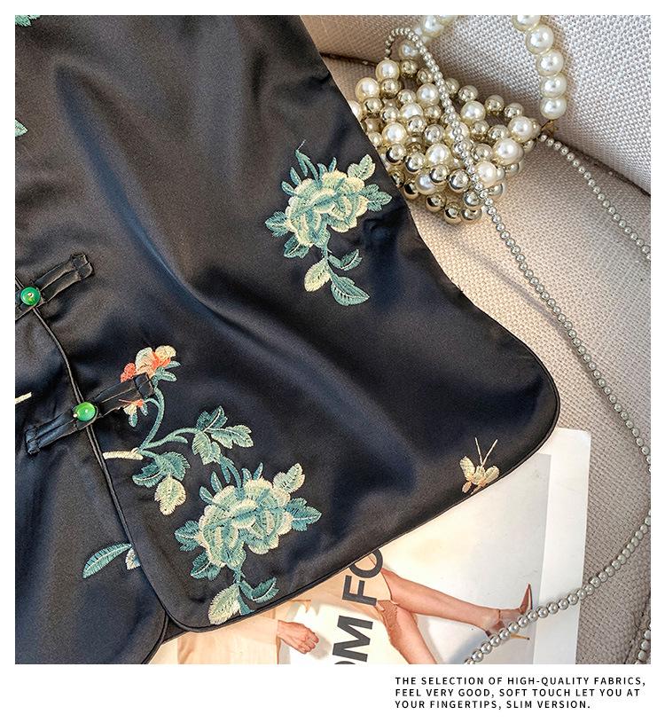 Spring & Fall Retro V-Neck Satin Embroidered Hanfu Vest with Frog Button