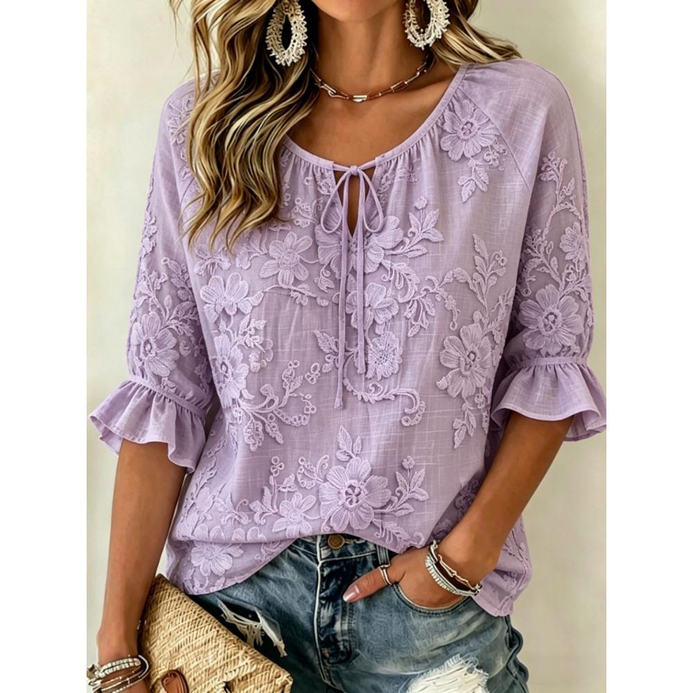Women's Lavender Floral Print Tie Neck Blouse, Casual Loose Tops for Spring Summer Daily Wear Vacation Occasions
