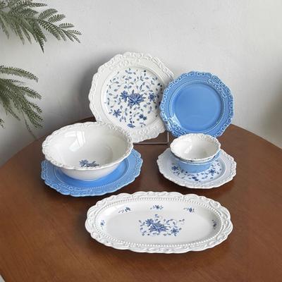 Vintage Blaue Spitze Speiseteller Französische Keramikschale Dessertteller Haushaltsbesteckset