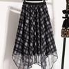 Damen Elastischer Bund Karierter Druck Asymmetrischer Midi-Rock, Fließender High-Low Saum Tüllrock