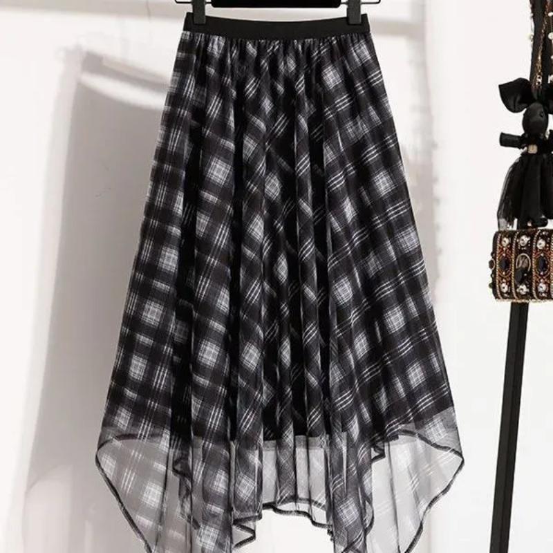 Women Elastic Waist Plaid Print Asymmetrical Midi Skirt, Flowy High-Low Hem Tulle Skirt M чёрный