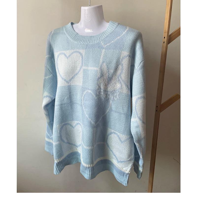 Женский милый мультяшный свитер большого размера с изображением медведя кролика моркови пуловеры в корейском стиле женские ретро-вязаные топы розового синего и белого цвета S синий 2197₽