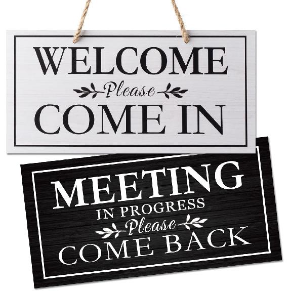 Double-Sided Office Door Hanger Sign, Acrylic Welcome Please Come In, Meeting In Progress Please Do Not Disturb, Red/Green and Wood Grain Options