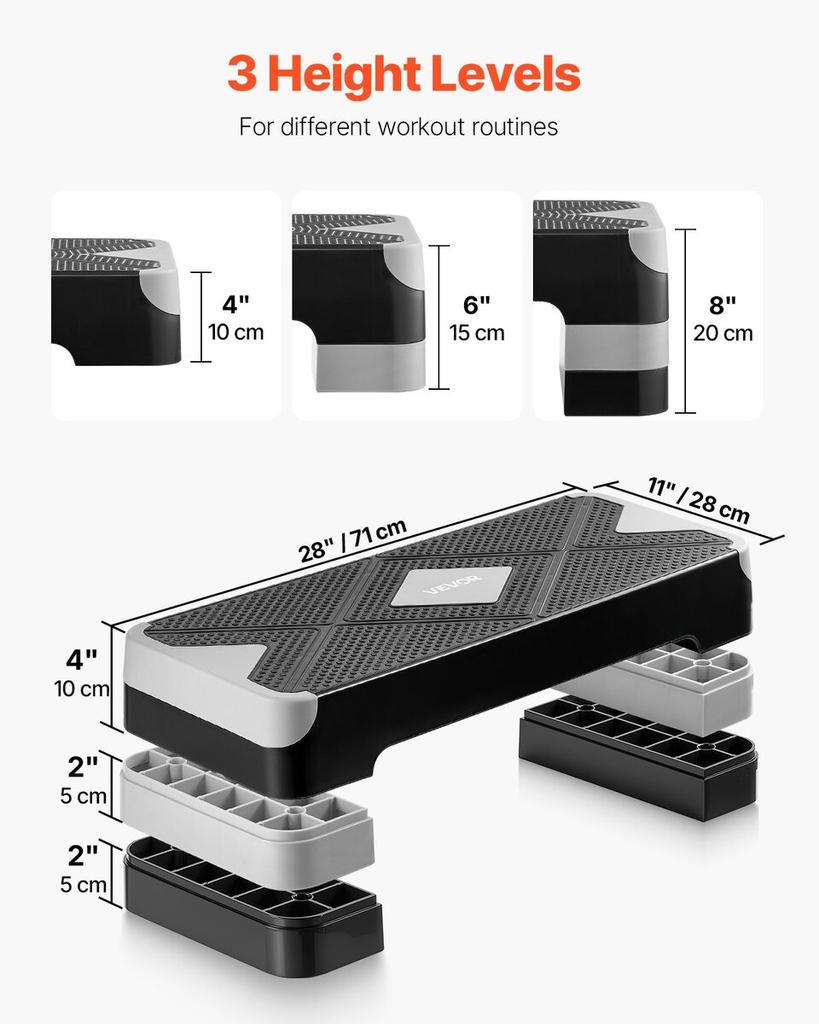 Aerobic Exercise Step Platform Adjustable Workout Stepper 4 Riser Gray