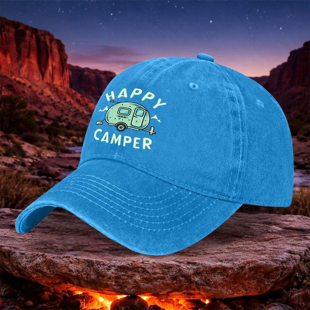 1pc Happy Camper Retro Style Unisex Washable Baseball Cap Casual Trendy Black Outdoor Hat For Camping Hiking Travel Sports