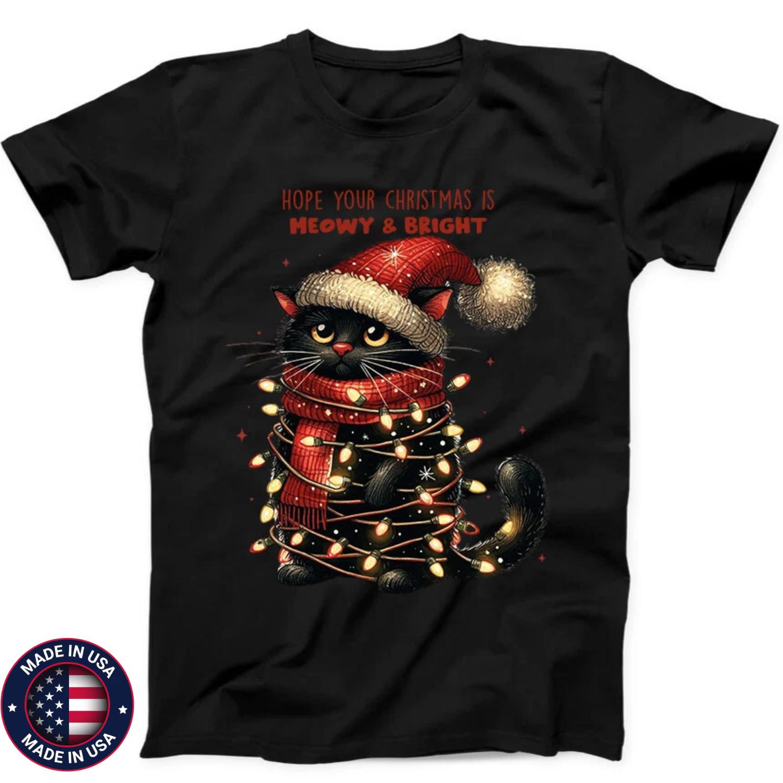 Christmas Lights Black Cat Santa Meowy Bright Funny Gift Black T Shirt XXL
