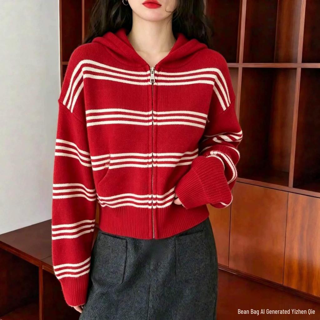 Retro Color Block Hooded Knit Cardigan with Pockets - Zipper Casual Sweater for Women
