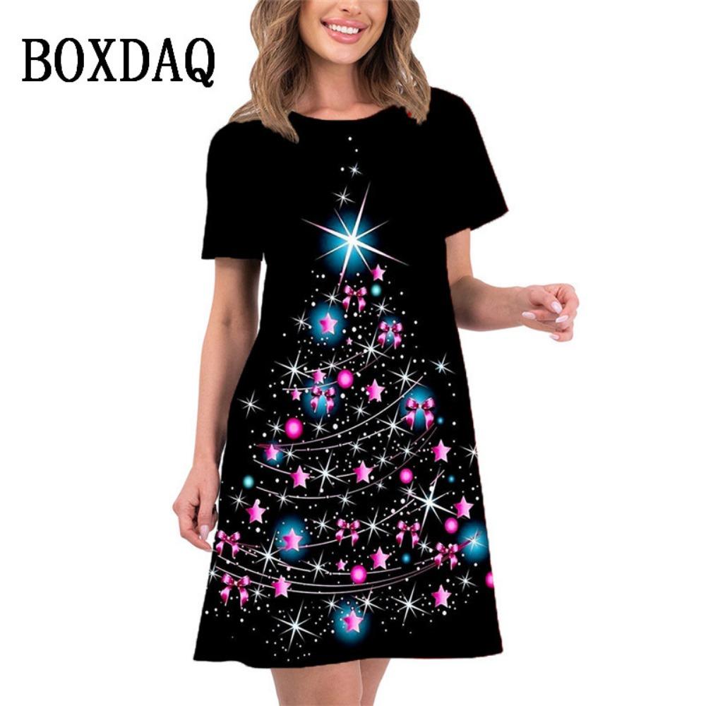 2026 new summer women s elegant christmas tree print mini dress short-sleeved loose casual beach sweet dress S