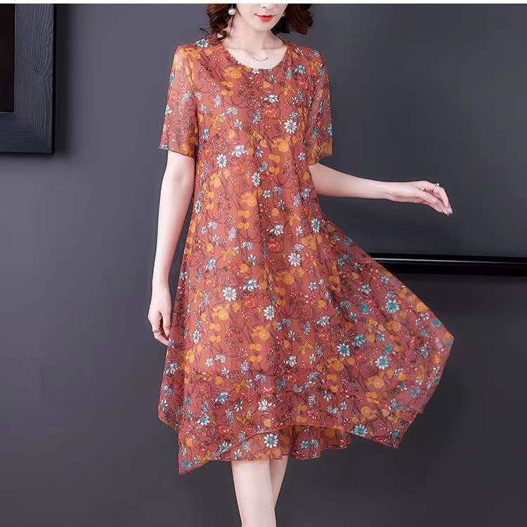 Women's Fashion Summer Spring Floral Print Short Sleeve O-Neck High Waist Casual Dresses