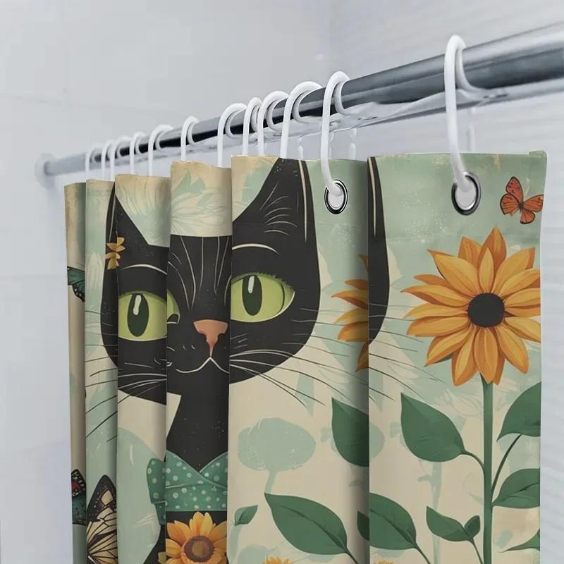 Vintage Chic Black Cat Shower Curtain With Sunflowers Perfect Bathroom Decor Gift For Her