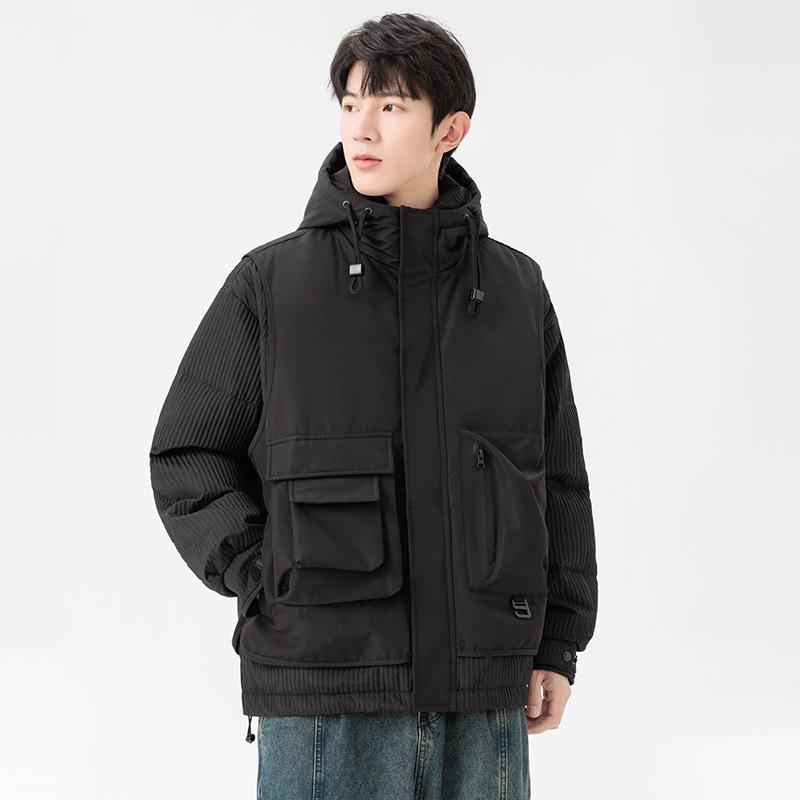 Men's Winter Faux Two-Piece Hooded Down Coat with 3D Pockets - 85% White Duck Down, Warm and Loose Fit.