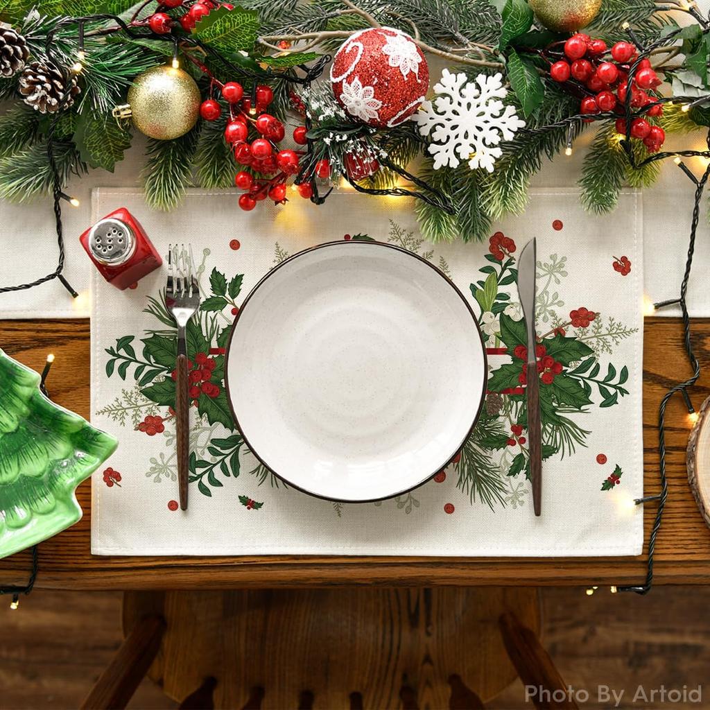 Blätter Stechpalme Weihnachten Tischsets Set von 6, 12x18 Zoll Saisonale Winter-Tischsets für Party Küche Esstisch Dekoration