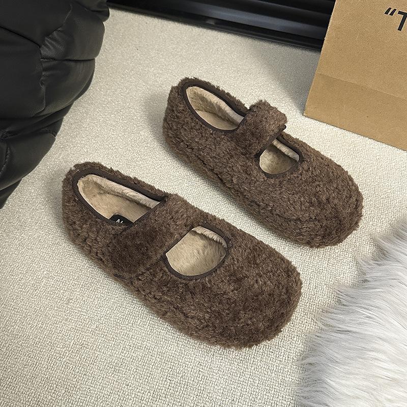 Leopard Print Mary Jane Fluffy Shoes Women's Winter 2025 New Ugly Cute Bread Cotton Shoes Velcro Flat Plush Single Shoes