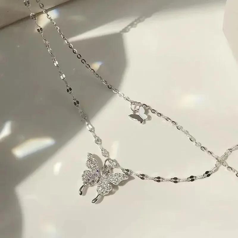 Elegant Necklace For Women Butterfly Necklace Shiny Double Clavicle Chain Pendant Anniversary Gift Jewelry Collares