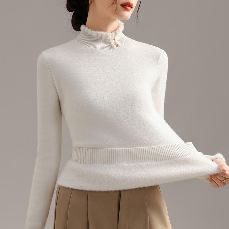 Black Sweater for Women In Autumn and Winter Plus Velvet Thickened Half Turtleneck Base Shirt New Integrated Velvet Warm Soft Glutinous Sweater