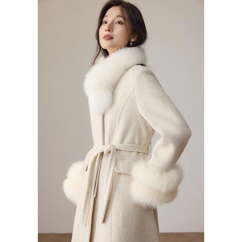 VICTORIA&VERA Women's Fox Fur Collar Wool Long Coat