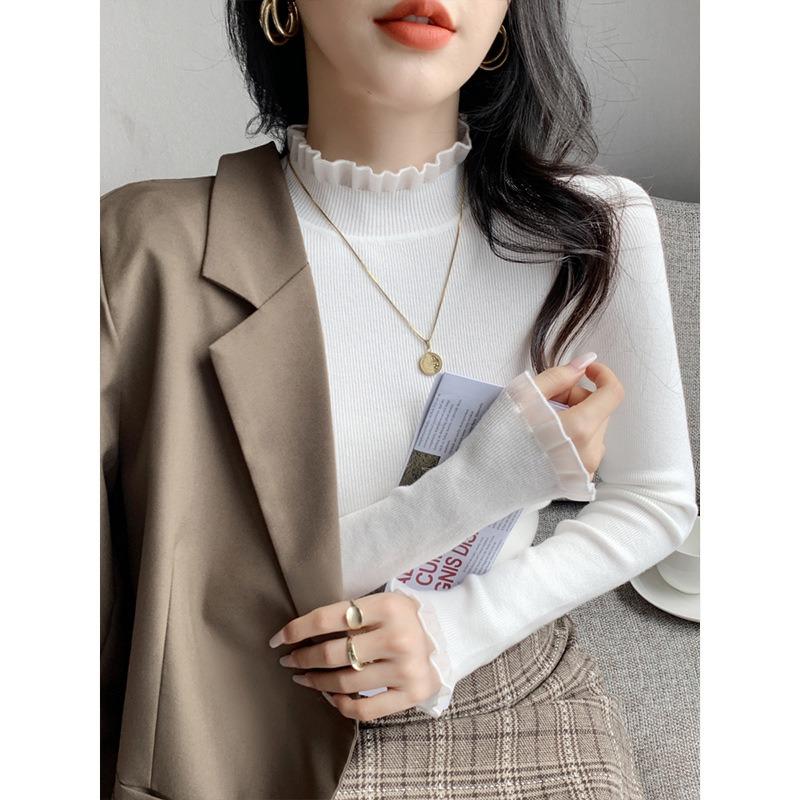 Stylish Semi-turtleneck Lace Splicing Bottoming Shirt Women's Fungus Edge Top Spring Suit with Solid Color Sweater Inside