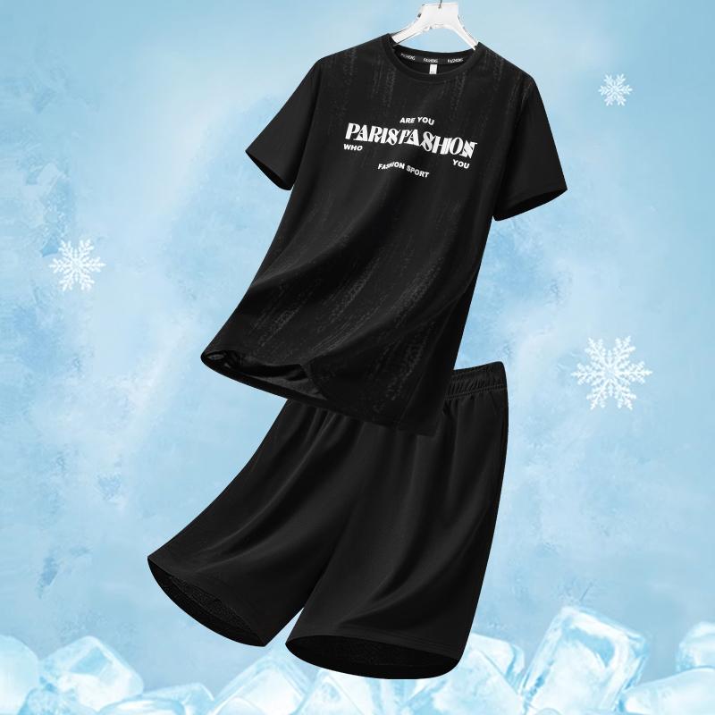 Ensemble de Sport en Soie Glacée pour Homme Été Col Rond Séchage Rapide Manches Courtes Coupe Ample Deux Pièces