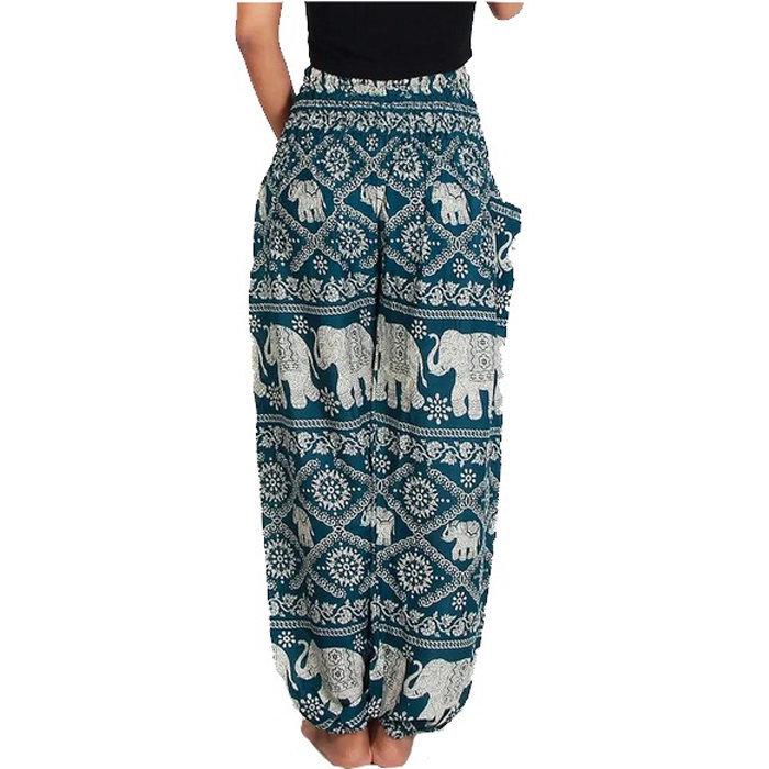 Hippie Chic, Loungehose, Elefantenmuster, Einheitsgröße mit Kordelzug, Unisex-Modell. Grün.