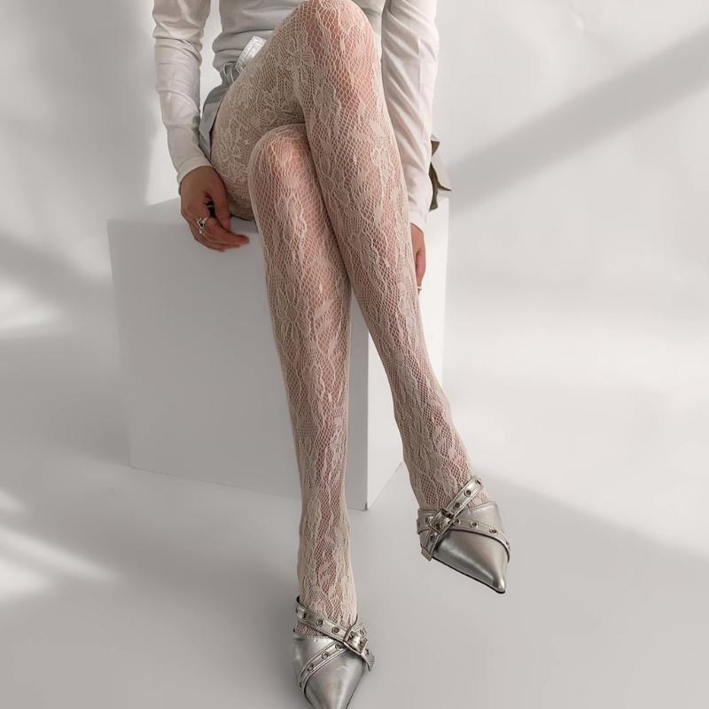 Women French Style Sexy Hollowed Sheer Fishnet Pantyhose Vintage Flower Jacquard Patterned Leggings JK Girl Lace Tights