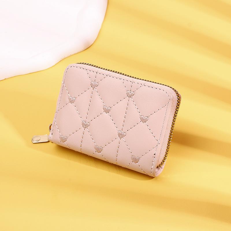 Women Wallet For Pu Leather Fashion Embroidered Love Fold Small Wallet Card Holder Multi-Card Slot Coin Purses Interior Pink