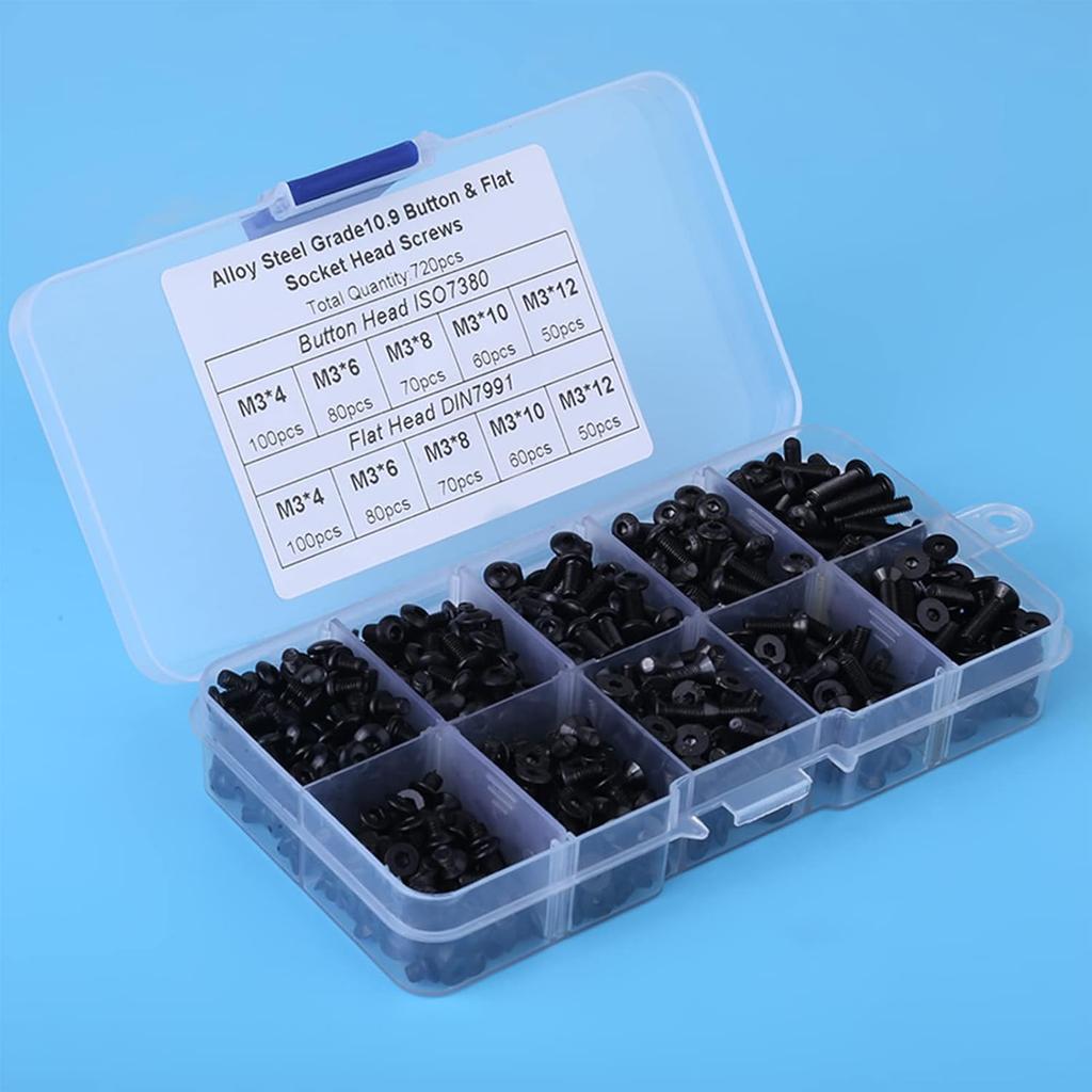 720PCS M3 Hex Bolt Screw Assorted M3x4mm 6mm 8mm 10mm 12mm Black Alloy Steel Pan & Flat Head Hex Socket Screws with Plastic Box