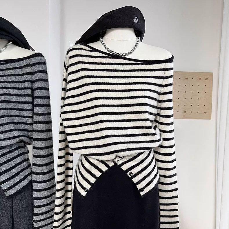 

2025 Korean Style Niche Striped Color Block Buttoned Pullover for Women S (up to 95 lbs)