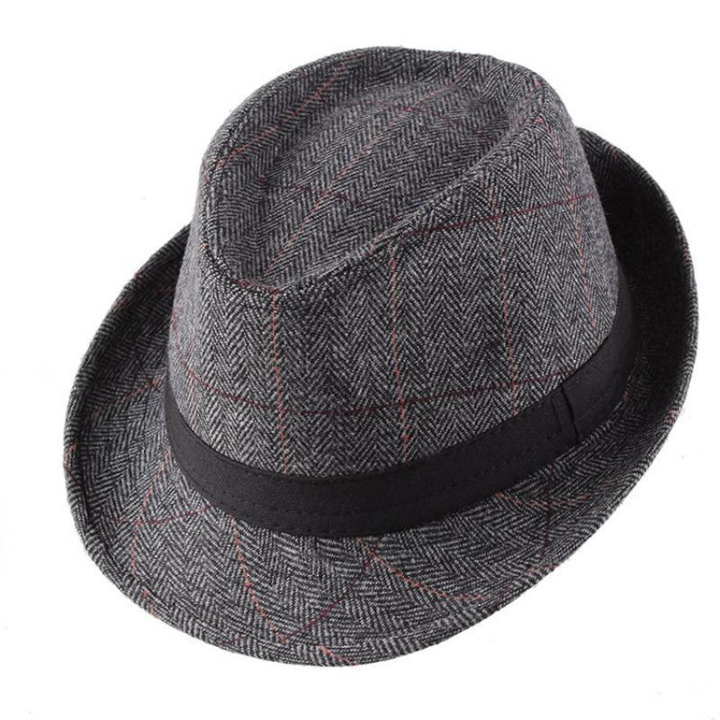 Autumn and winter men's top hat, Frannie plaid fabric warm middle-aged and elderly jazz hat casual top hat men's hat