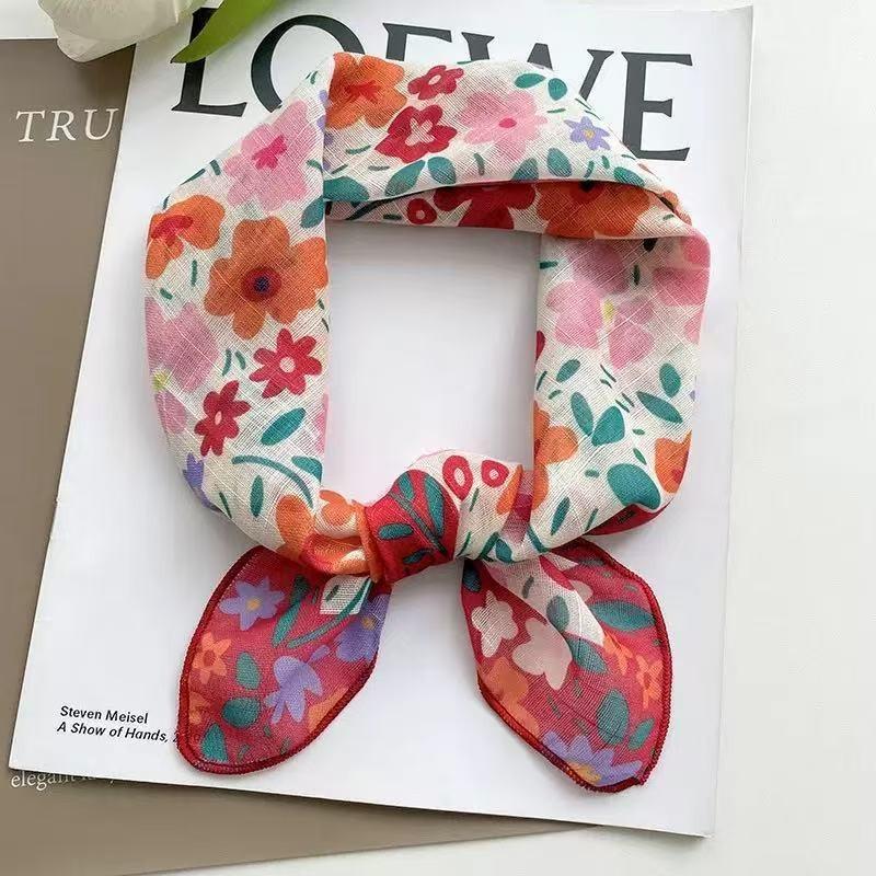 Sunscreen headscarf silk scarf female design cotton and linen small square scarf sweet new pastoral floral scarf light and breathable