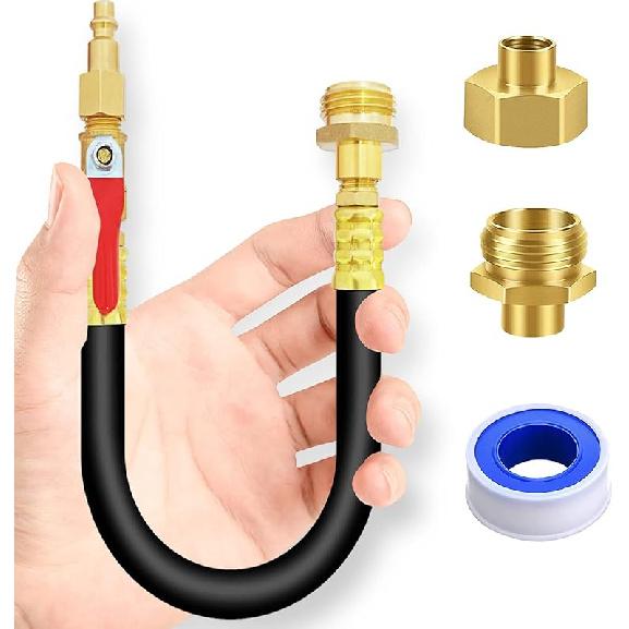 RV Winterizing Kit Water Line Blowout Adapter Fitting With Shut Off Valve, 12" RV Winterizer Blow Out Plug To 3/4" Garden Sprinkler Hose Faucet Boat