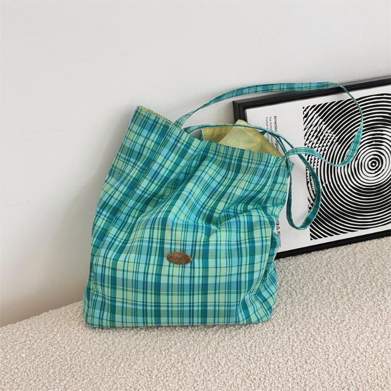 New Large-capacity Simple Shoulder Plaid Bag, Light Commuter Canvas Bag, Double-sided Dual-purpose Tote Bag