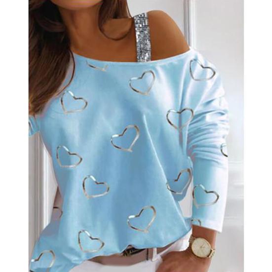 Dámska blúzka s potlačou srdca lomený krk Voľné sexy tričko top sveter na jar jesene