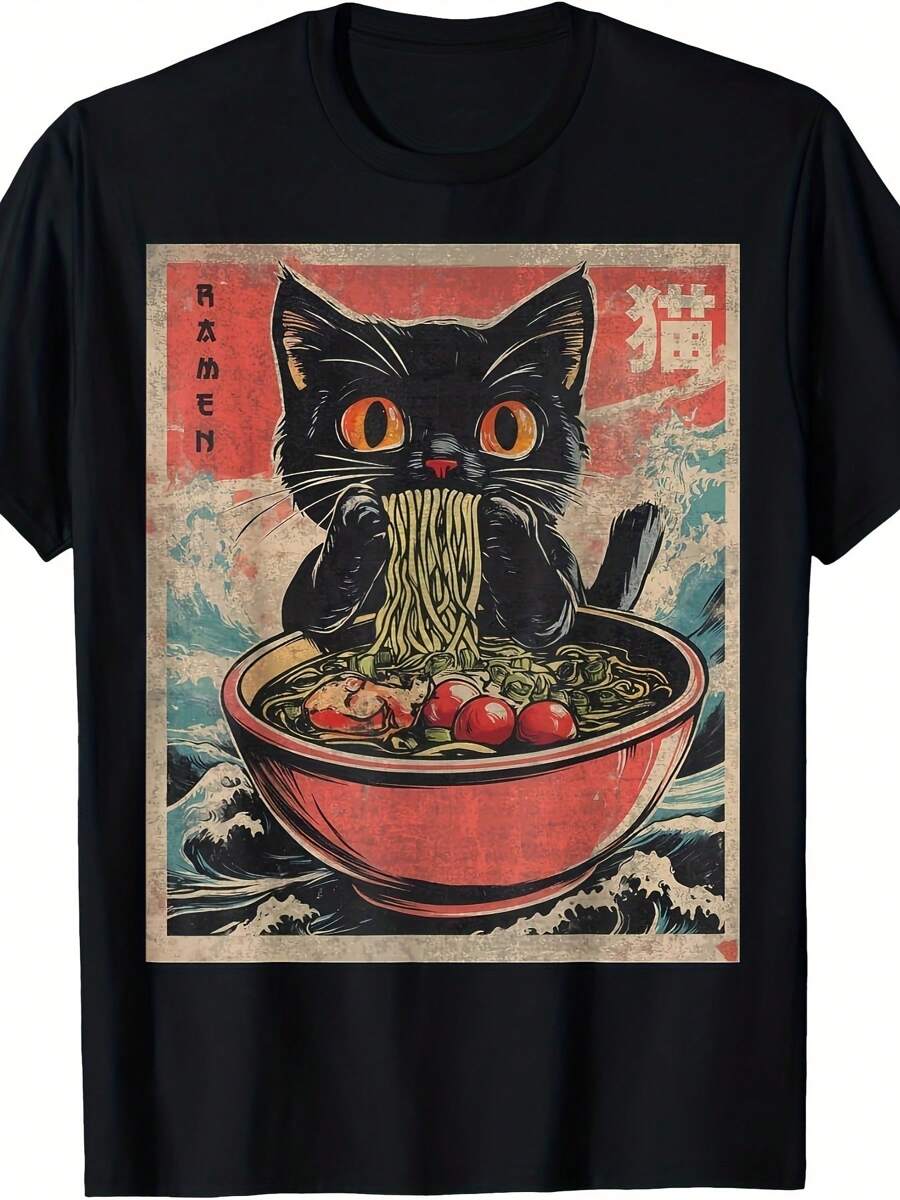 Cat Ramen Japanese Fun Pattern Unisex T-shirt XL