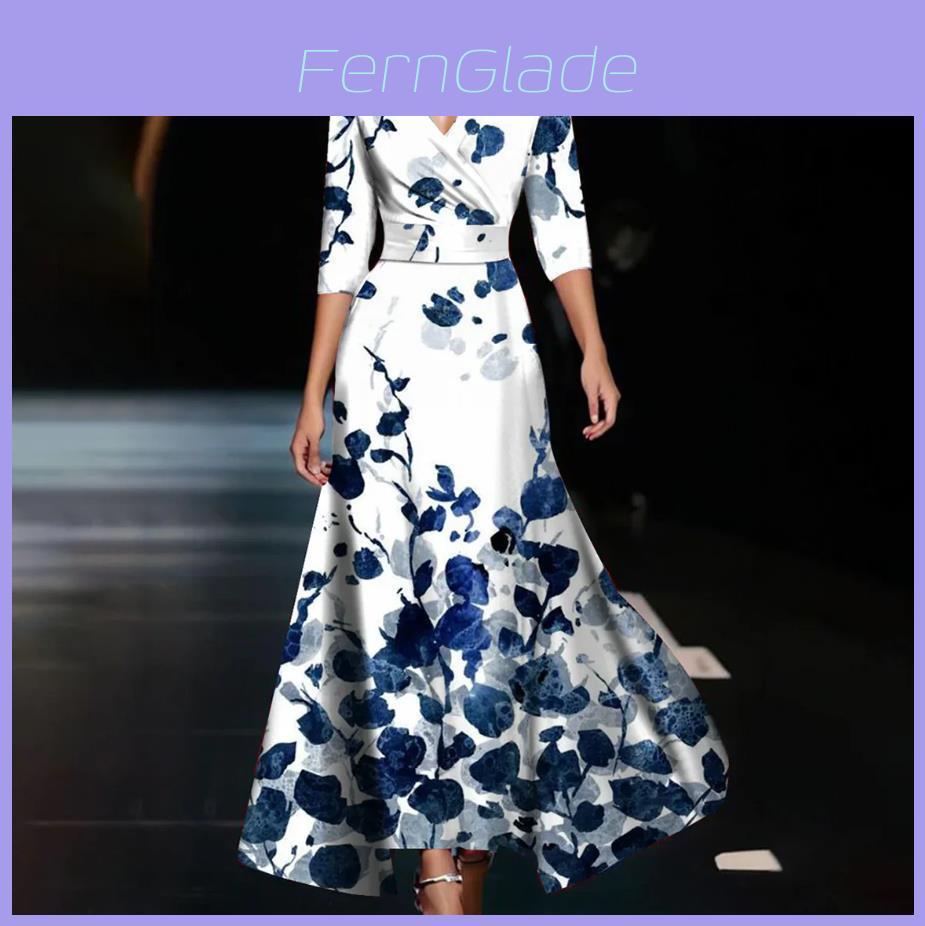 Sommer-Polyester 3D-Effekt-Print V-Ausschnitt Midi-Kleid für Büro-Chic-Frauen